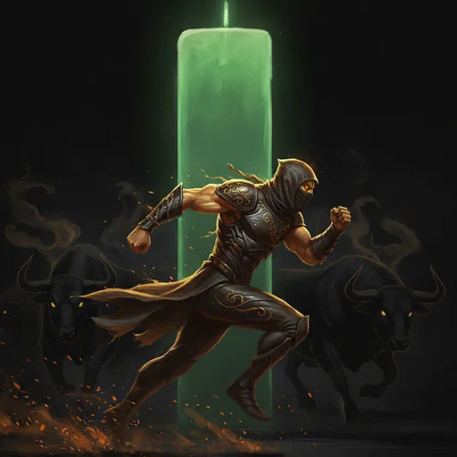Front-Runner card art: a hooded runner sprints ahead of two charging black bulls, a green candle towering behind him.