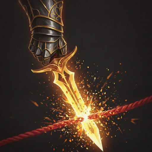 Cut Losses card art: an armored hand drives a glowing golden dagger clean through a taut red rope, sparks flying.