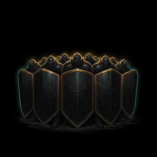 The Trenches card art: a locked phalanx of black-and-gold shields, helmed veterans braced shoulder to shoulder behind them.