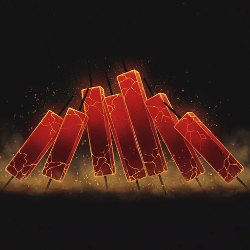 Liquidation Cascade card art: a row of molten red pillars toppling like dominoes, embers rising into the dark.