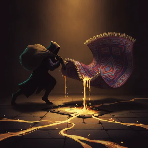 Rug Pull card art: a hooded figure hauls an ornate carpet away as molten gold drains into the cracked stone floor.