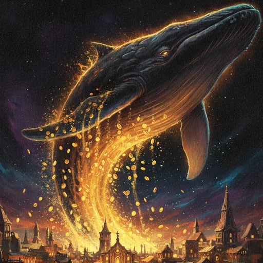 Whale card art: a colossal whale breaching over a coin-lit skyline.