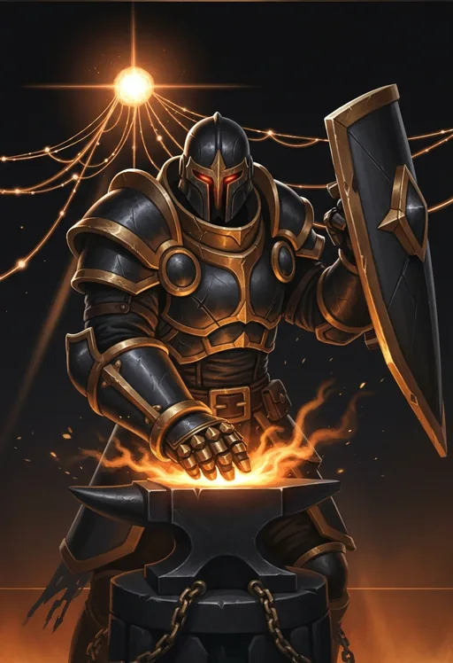 Mert, a helmed sun-forge defender hammering molten metal on a dark anvil.