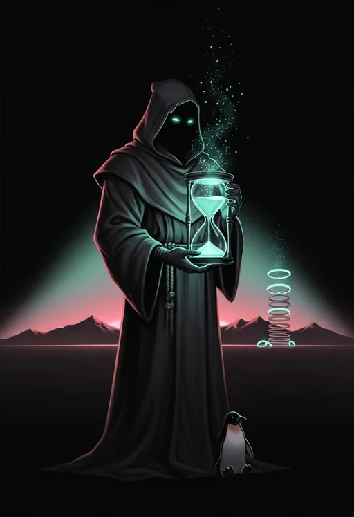 Toly, a hooded timekeeper cradling a glowing hourglass, a penguin at his feet.