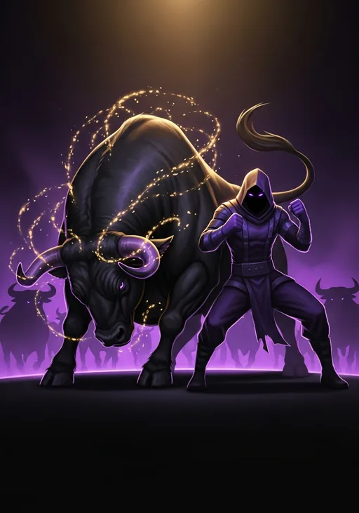Ansem, a hooded fighter braced beside a charging black bull wreathed in gold.