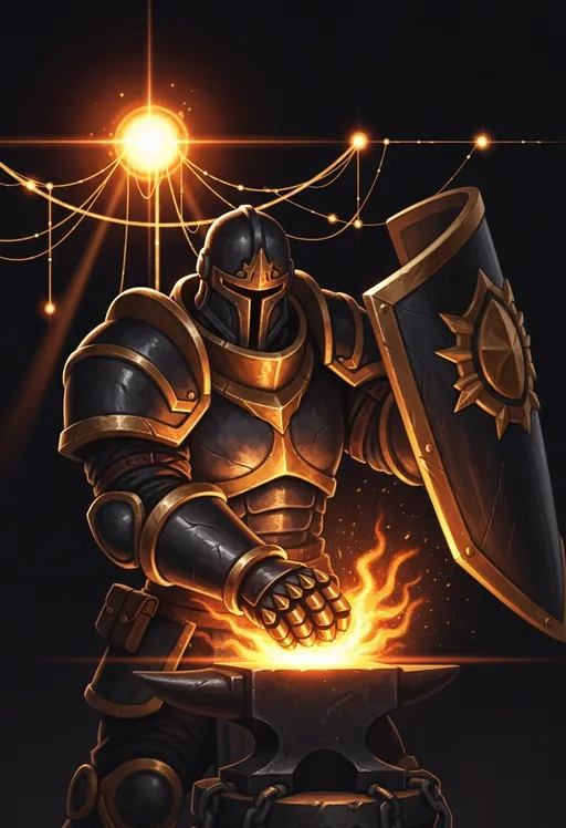 Mert, a helmed sun-forge defender hammering molten metal on a dark anvil.