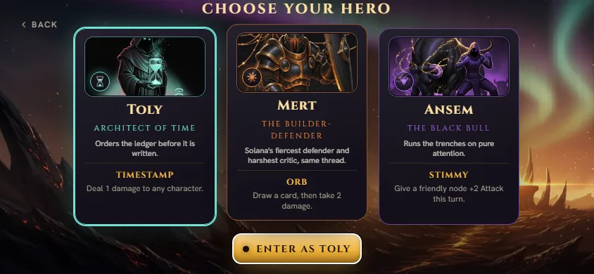 The Solbound hero-select screen showing the three illustrated hero portraits.