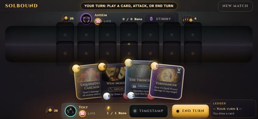 A Solbound match in progress: the Toly player's hand of illustrated cards over an obsidian board.