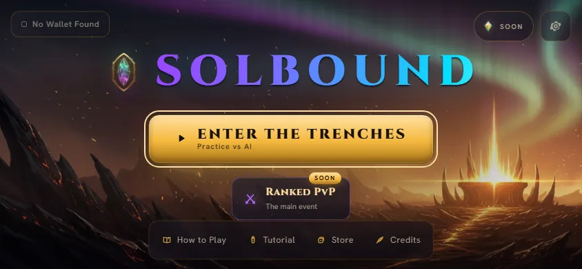 The Solbound main menu: the Aurora Hex seal and wordmark over the erupting altar vista.